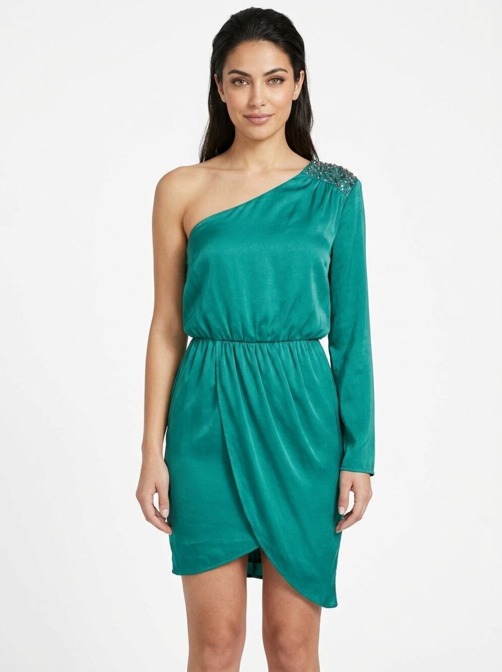 Guess Green One Shoulder Beaded Rhinestone Asymmetric Dress Women Size S